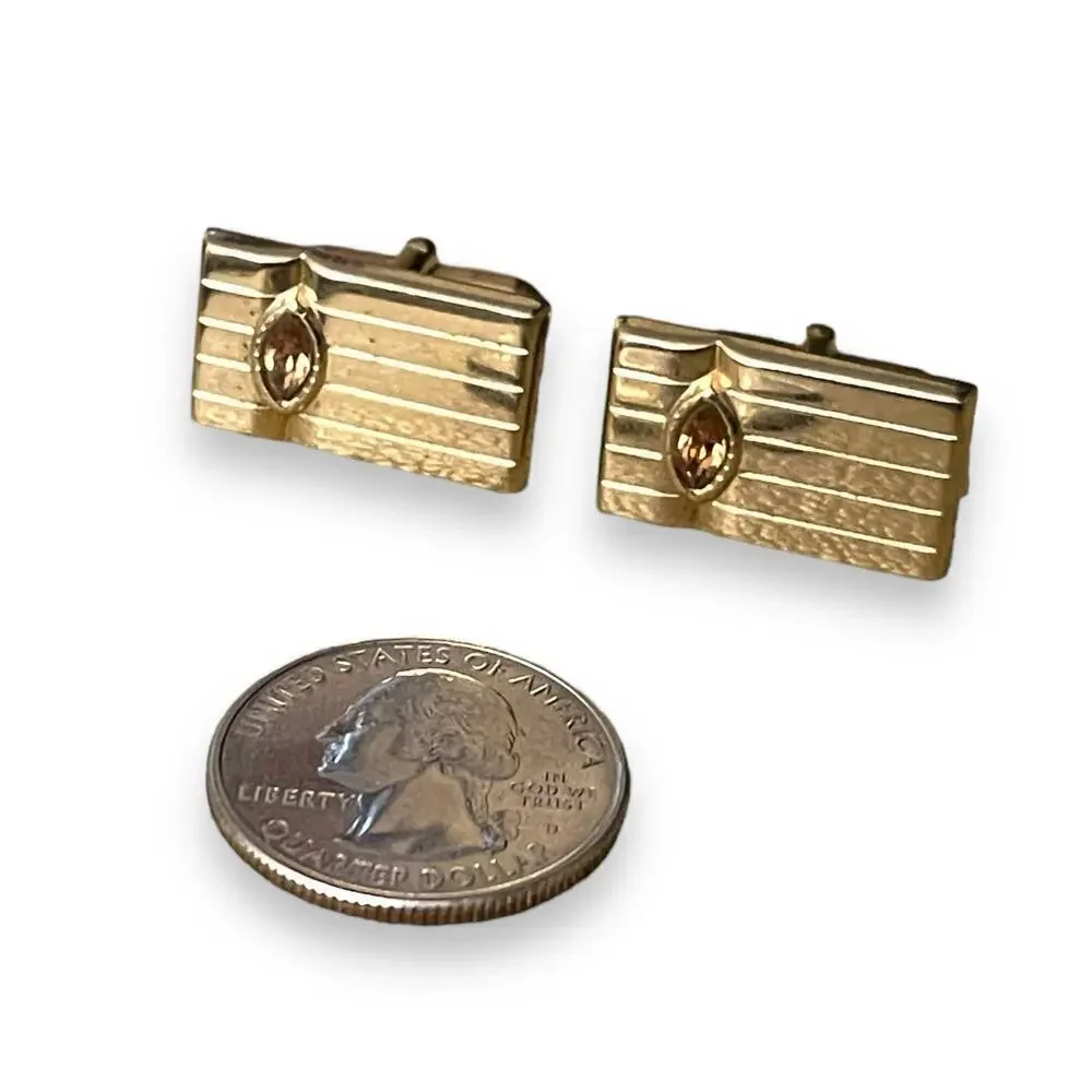 Vintage Cufflinks Mens Gold Tone Orange Marquise Glass Jewels Art Deco Formal